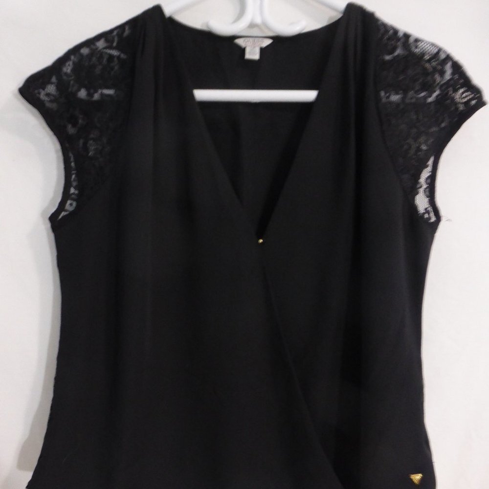 GUESS, black v neck shirt with lace sleeves & back | size large | NWOT